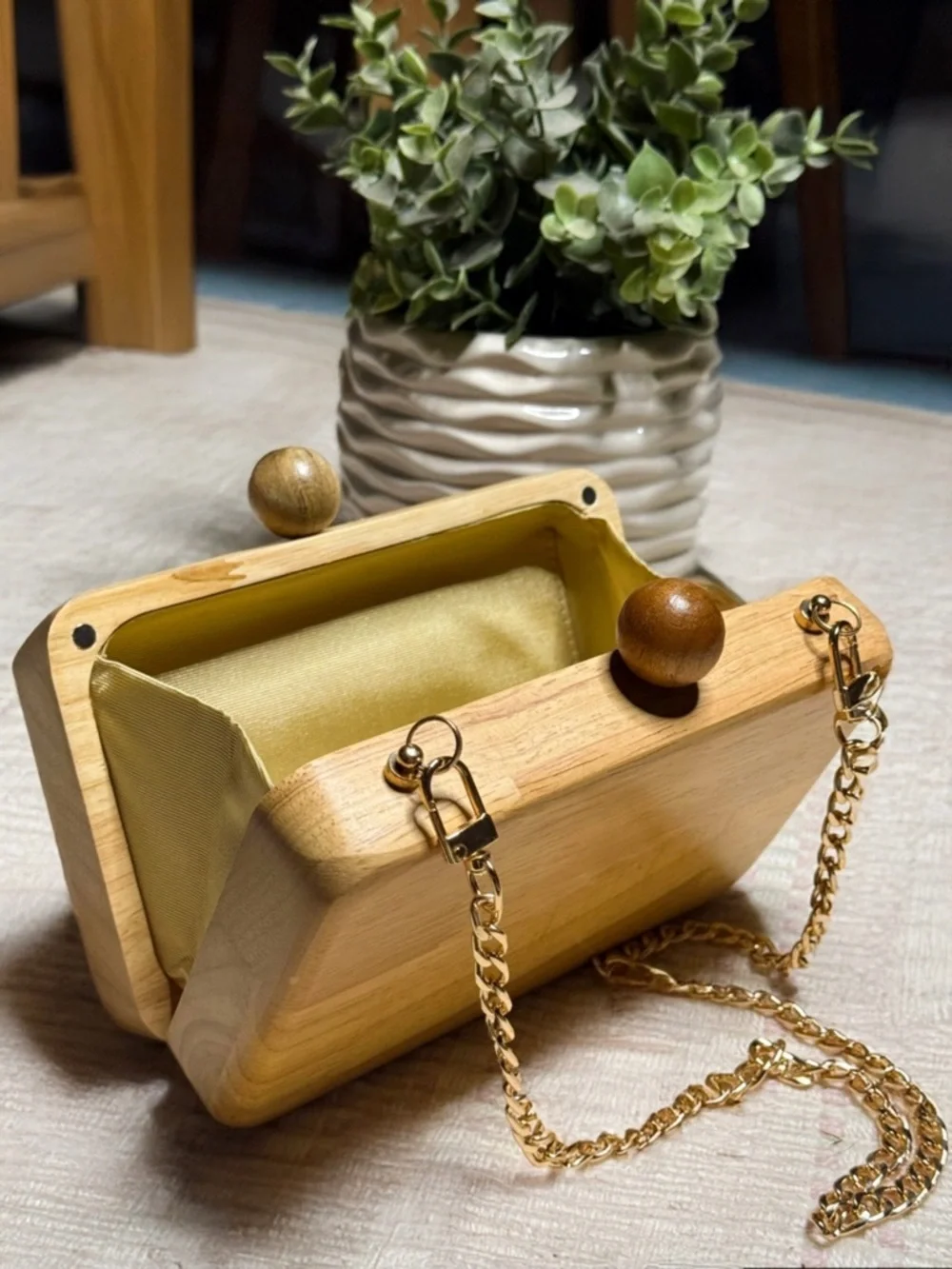 Unique Wooden Box Kisslock Clutch with Gold Chain by Inge Christopher